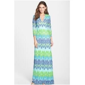 Lilly Pulitzer Blue and Green Wave-Print Maxi Dress